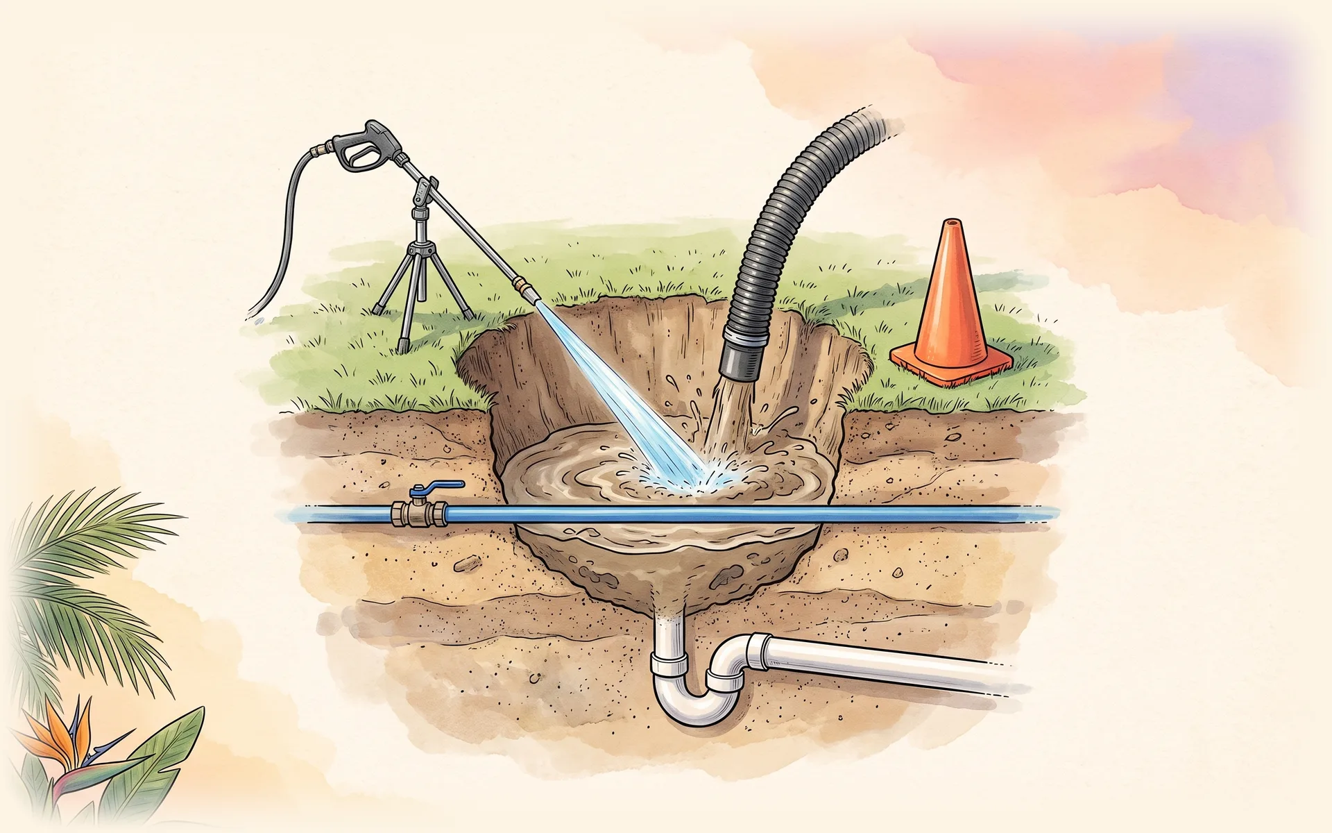 Hydro excavation: a water lance and vacuum hose opening a hole in a yard beside a buried water line