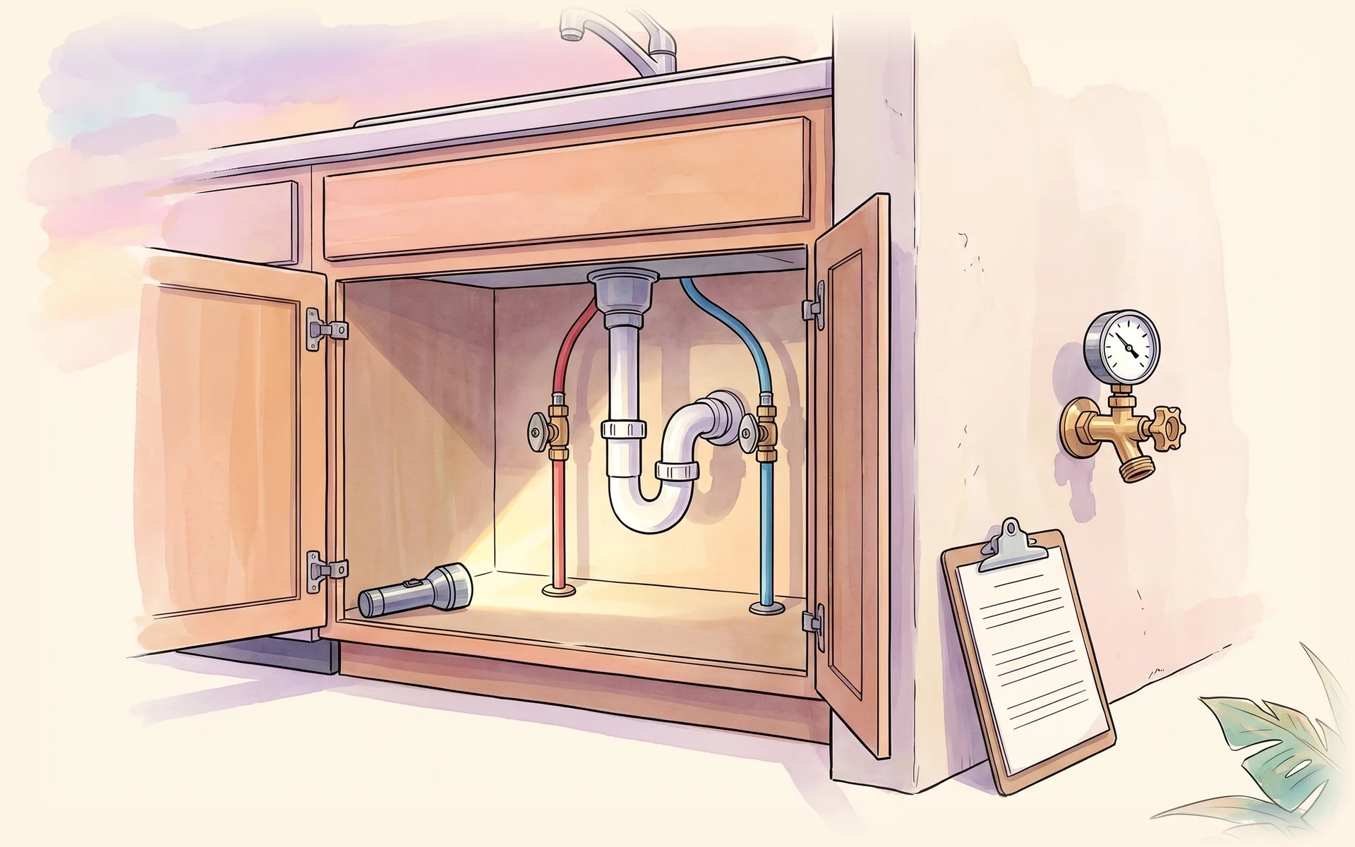 Plumbing inspection: a flashlight on the supply valves and trap under a sink, and a pressure gauge on an outdoor hose bib
