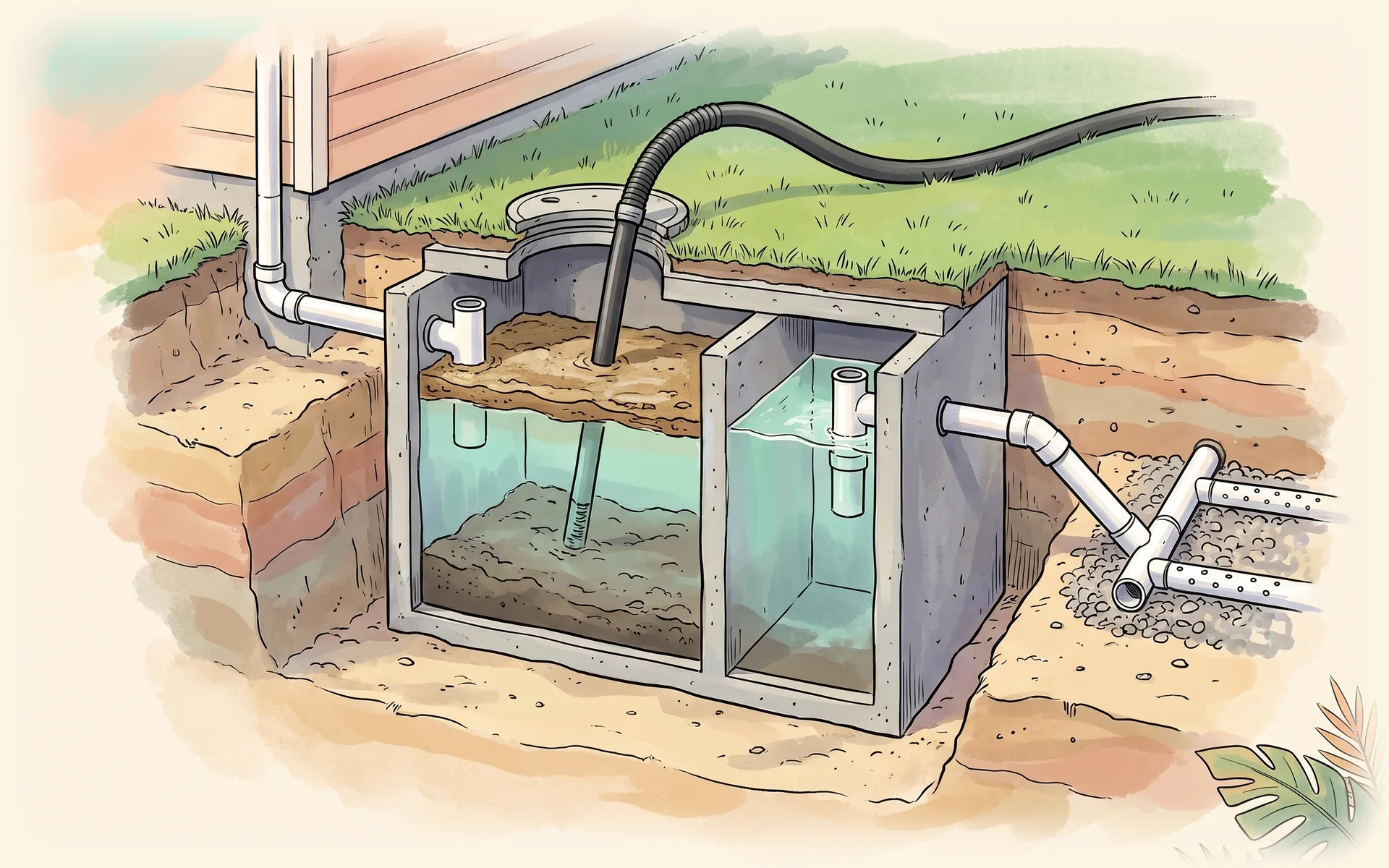 Cutaway of a two-compartment septic tank showing scum, liquid and sludge layers, a pump-out hose in the open lid and the line to the drain field
