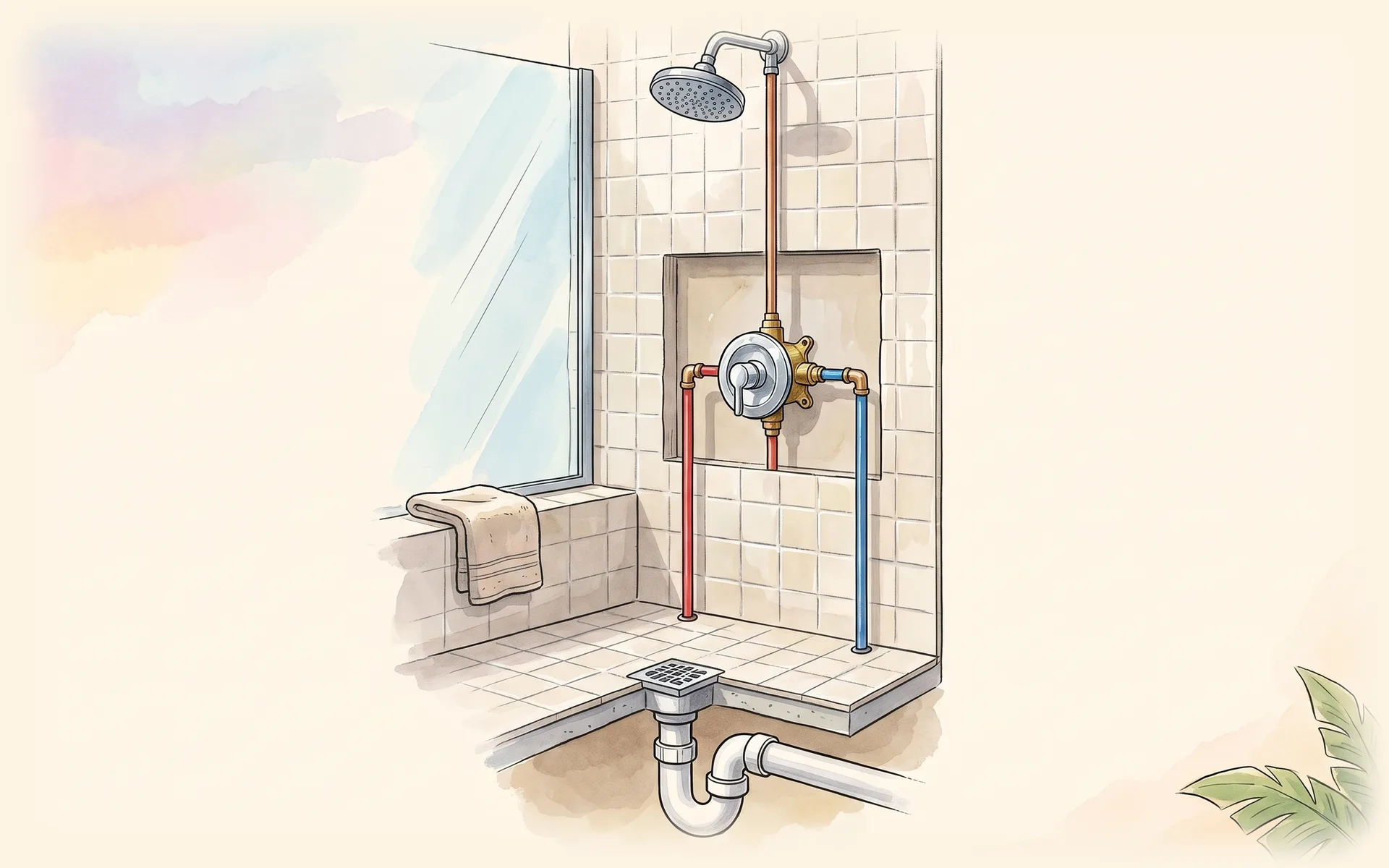 Shower wall opened to show the mixing valve fed by hot and cold risers, the riser to the shower head and the drain trap below