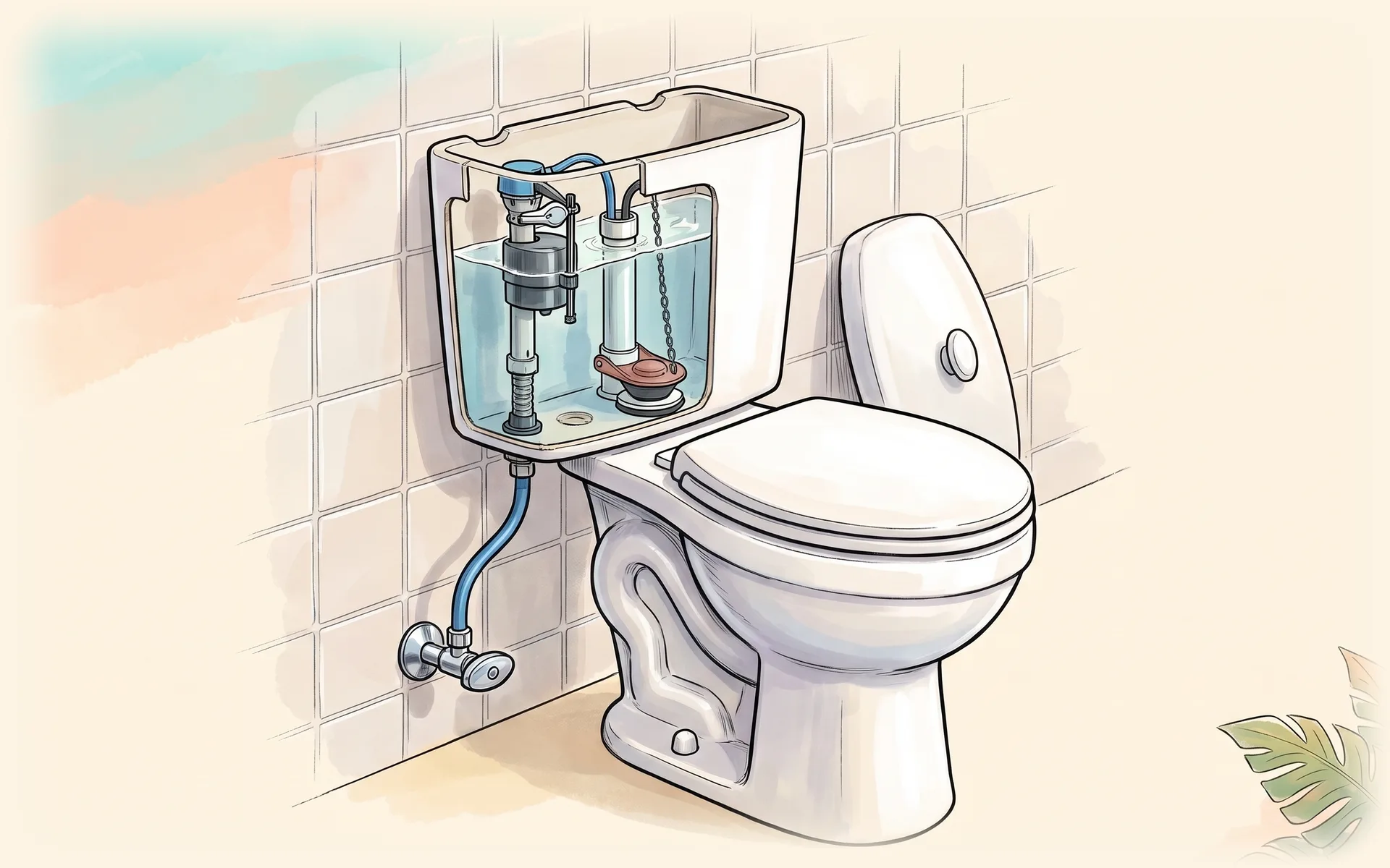 Toilet tank cut away to show the fill valve, flapper and flush valve, fed by one cold-water supply line and stop valve
