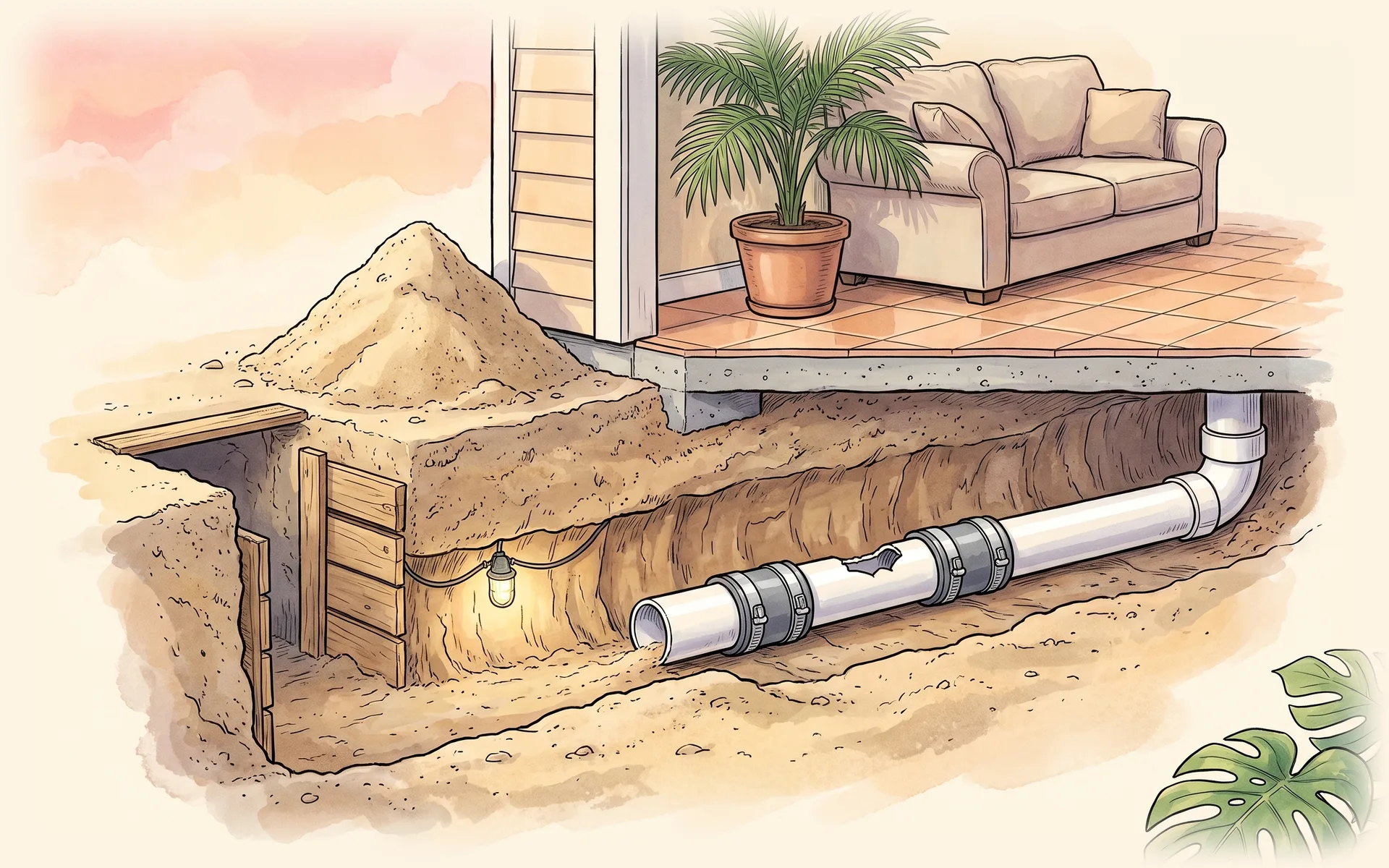 Cross-section under a house: a tunnel dug beneath the intact slab to reach and replace a broken drain pipe