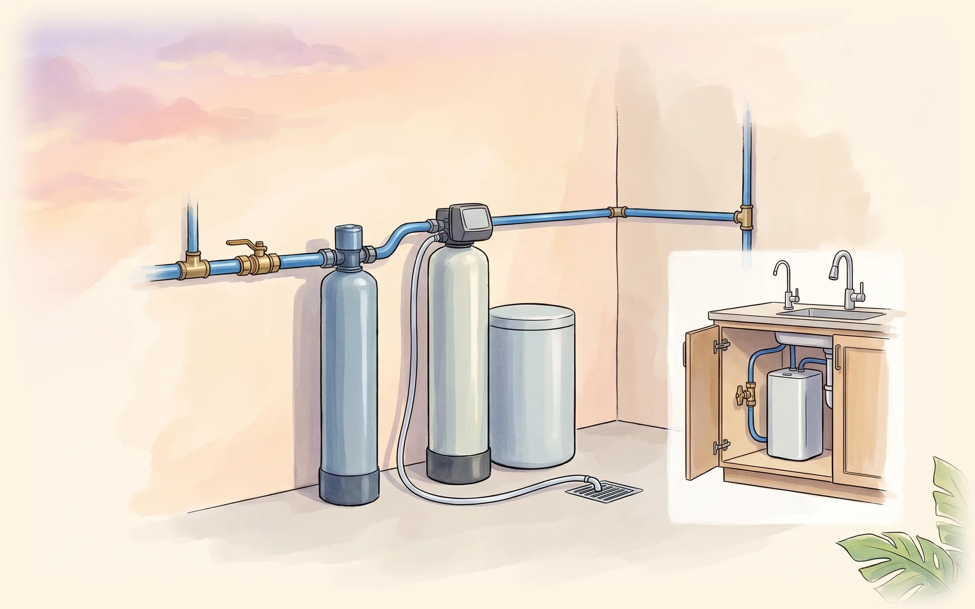 Whole-home water filter and softener tanks on the cold-water main, with an under-sink instant hot water dispenser