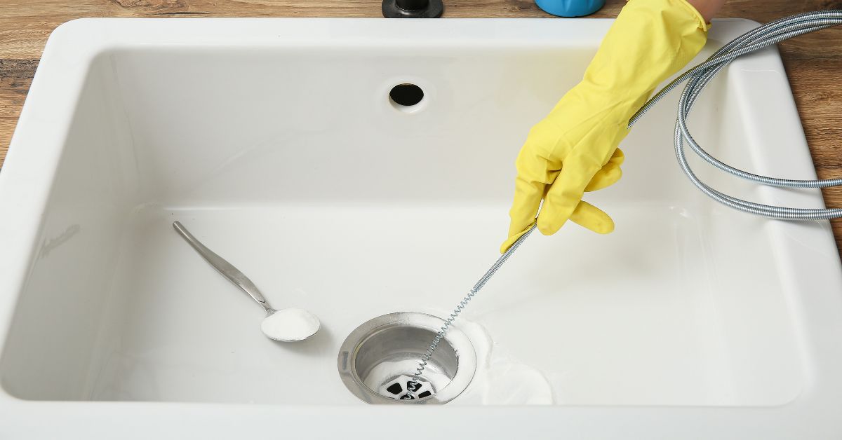 Emergency drain service using a plumbing snake in a kitchen sink.