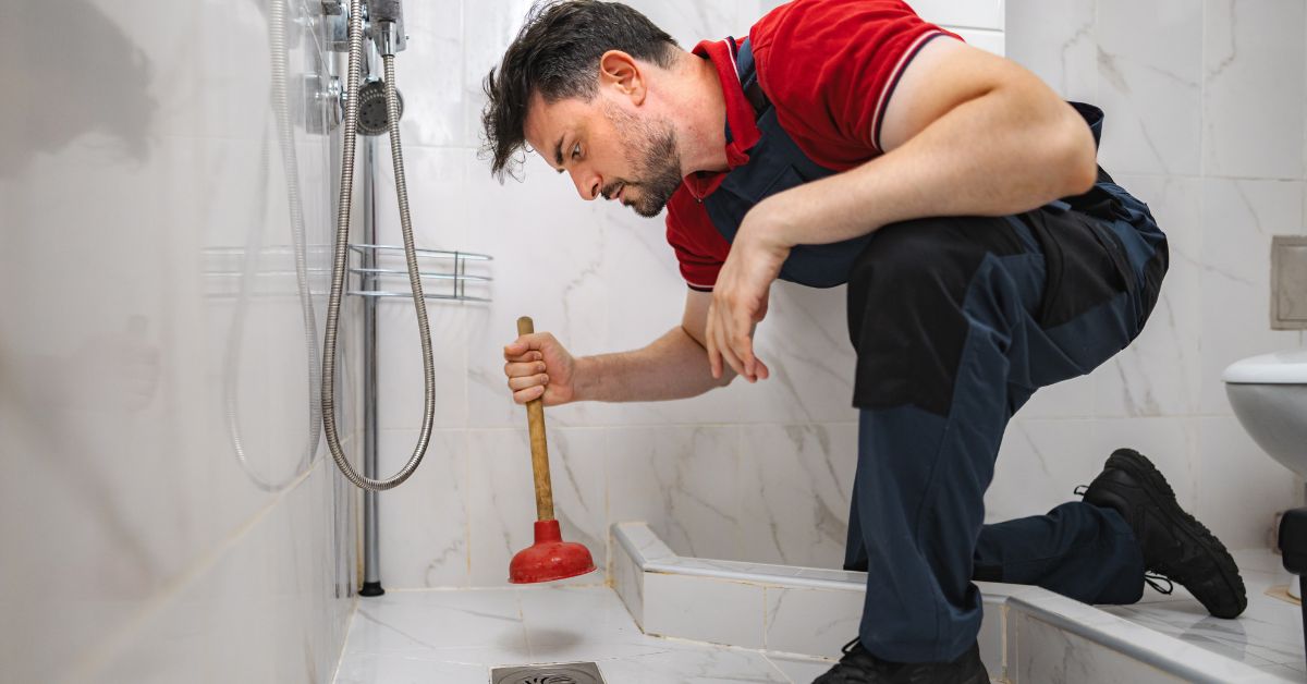 Professional plumber fixing a shower drain backup using a plunger.