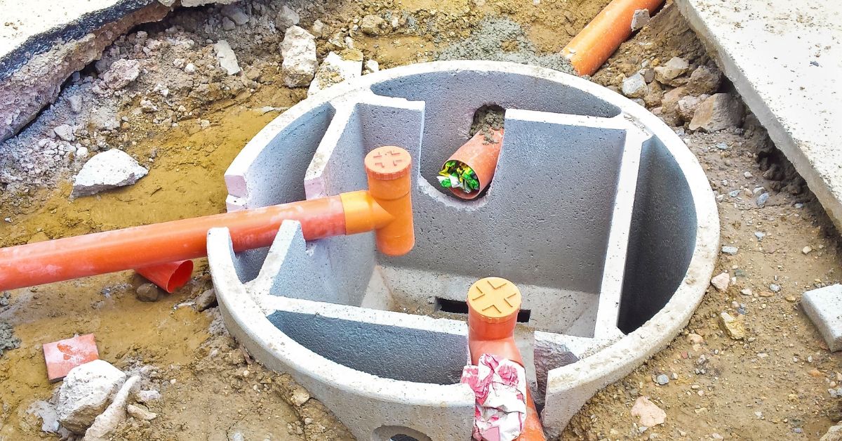 Septic tank plumbing experts installing an underground septic tank during a residential project.