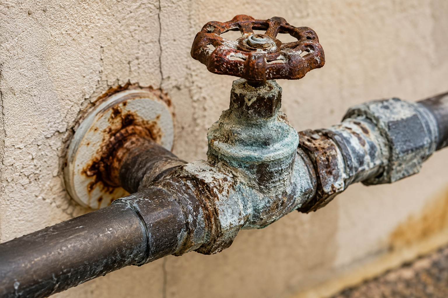 Rusty outdoor water valve with corroded pipe against a cracked stucco wall.
