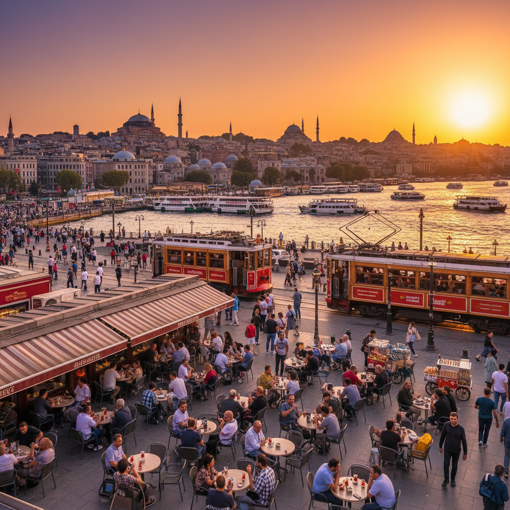 Bustling street scene in Istanbul, Turkey, wide shot, horizontal