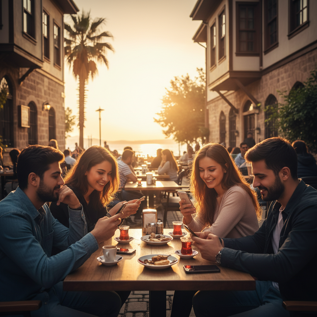 Couple on a date in a Turkish cafe, natural light, horizontal