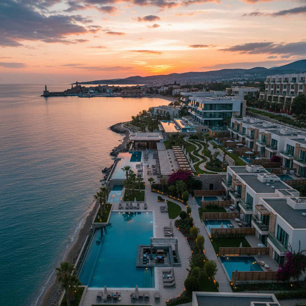 Stylish hotel lobby in a Turkish city, modern design, horizontal