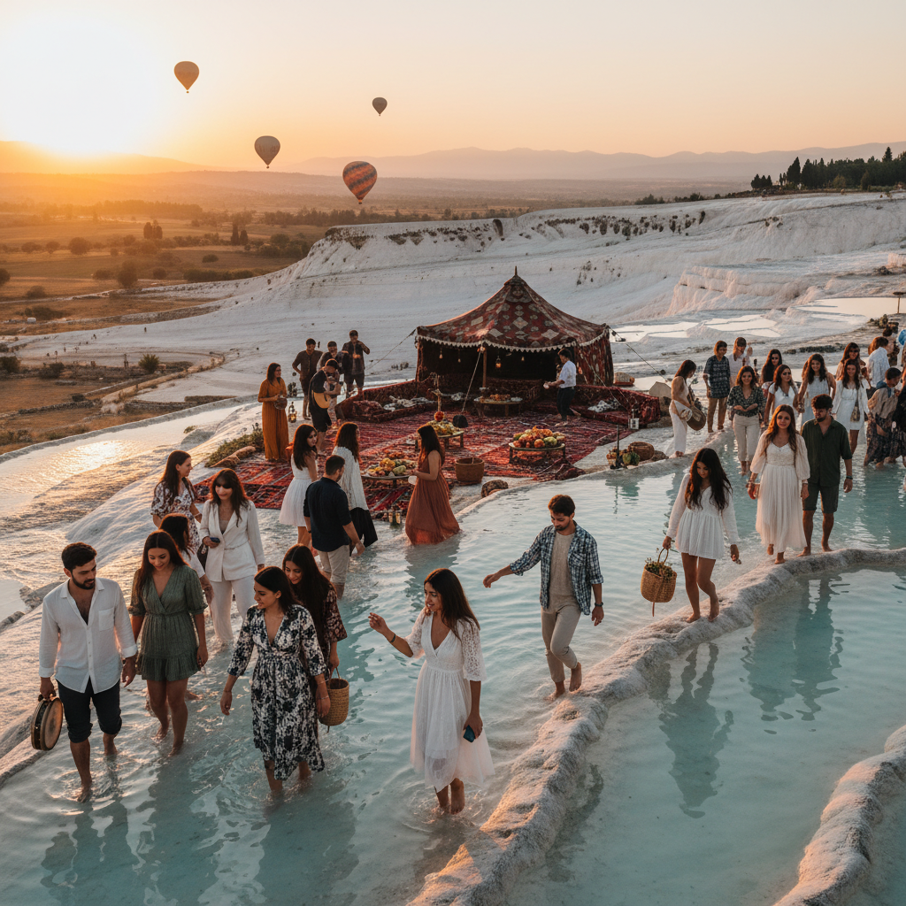 Diverse group of friends meeting in a public park in Türkiye, horizontal