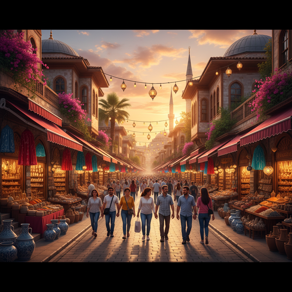 Shopping street in a Turkish metropolis, vibrant market, horizontal