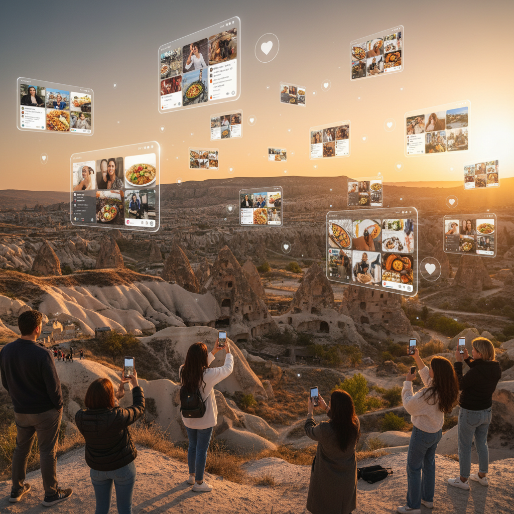 Young adults using smartphones, social media feeds, horizontal