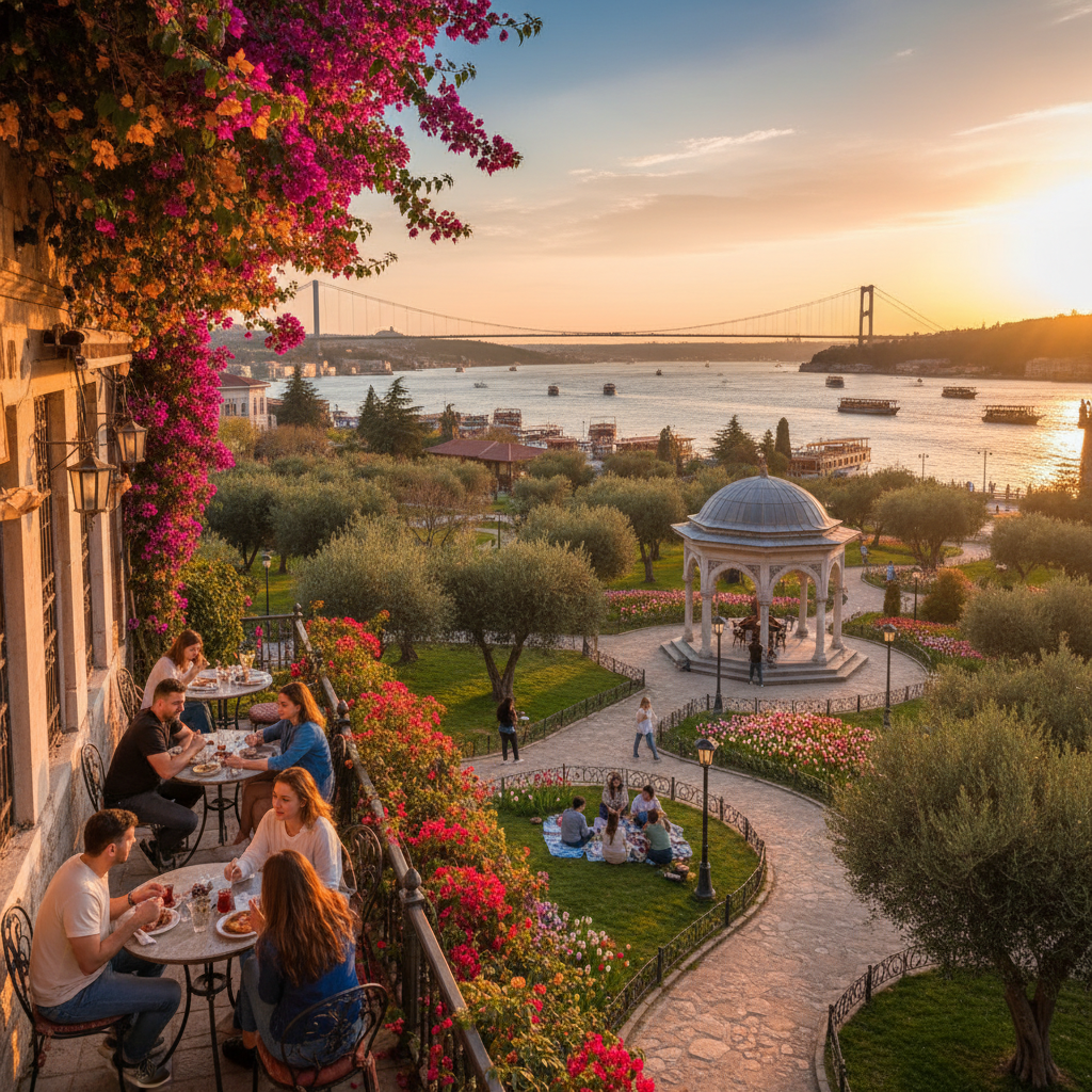 Popular cafe interior in Ankara, people socializing, horizontal