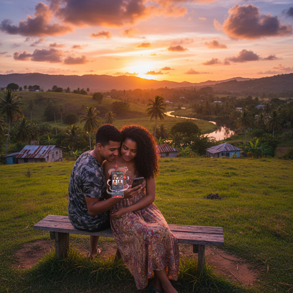 Penal/Debe young adults couple browsing dating app on phone, casual