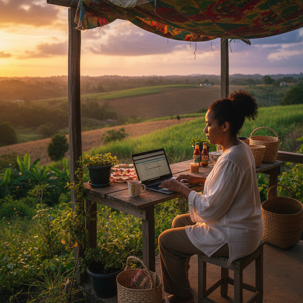 Penal/Debe small business owner working on laptop, focused