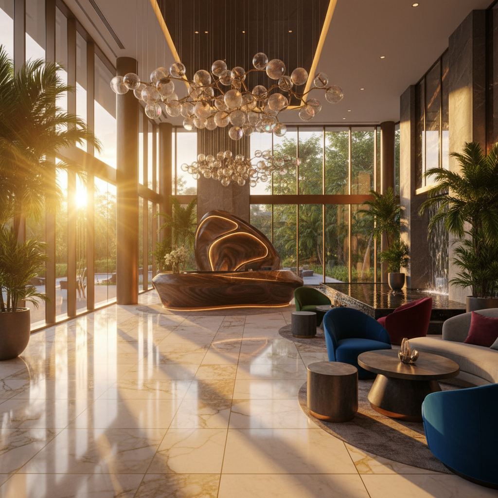 Penal/Debe modern hotel lobby interior, bright lighting