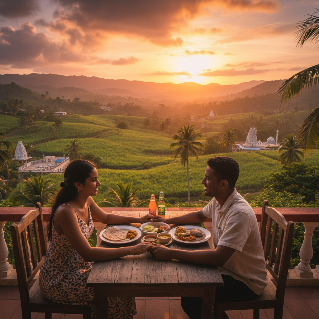 Penal/Debe couple sharing a meal at a restaurant table, intimate