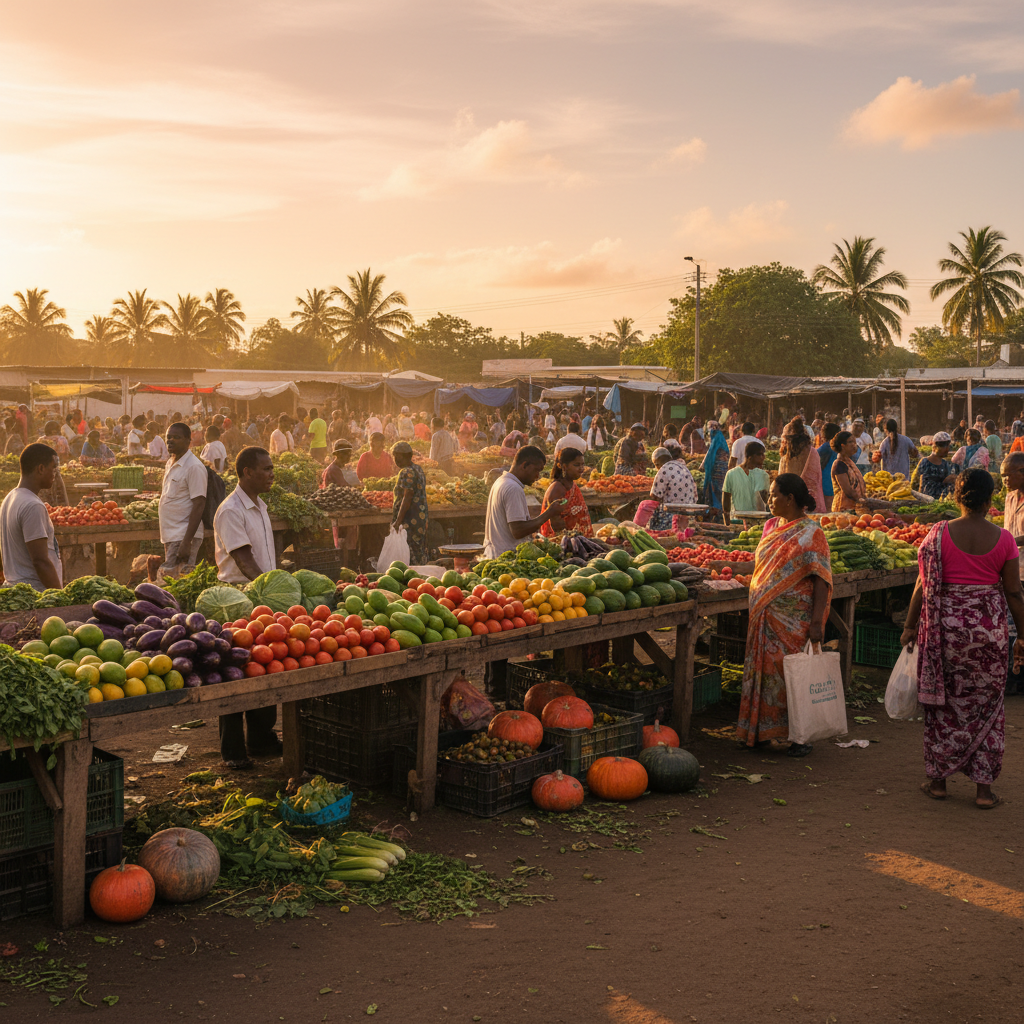 Penal/Debe outdoor market stalls colorful produce, bustling