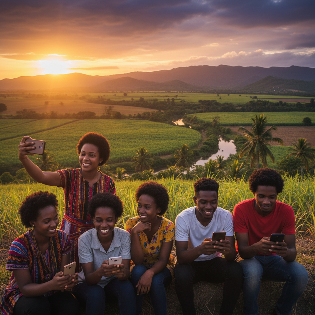 Penal/Debe people using smartphones social media feed, candid