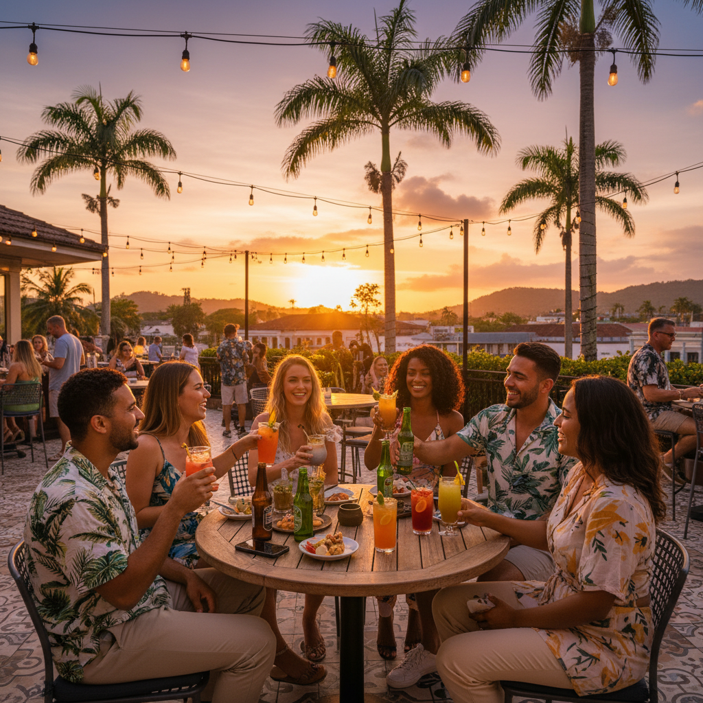Penal/Debe group of friends at a lively bar patio, evening