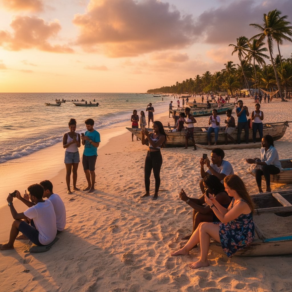 Zanzibar Central/South social media trends, people using phones, horizontal photo