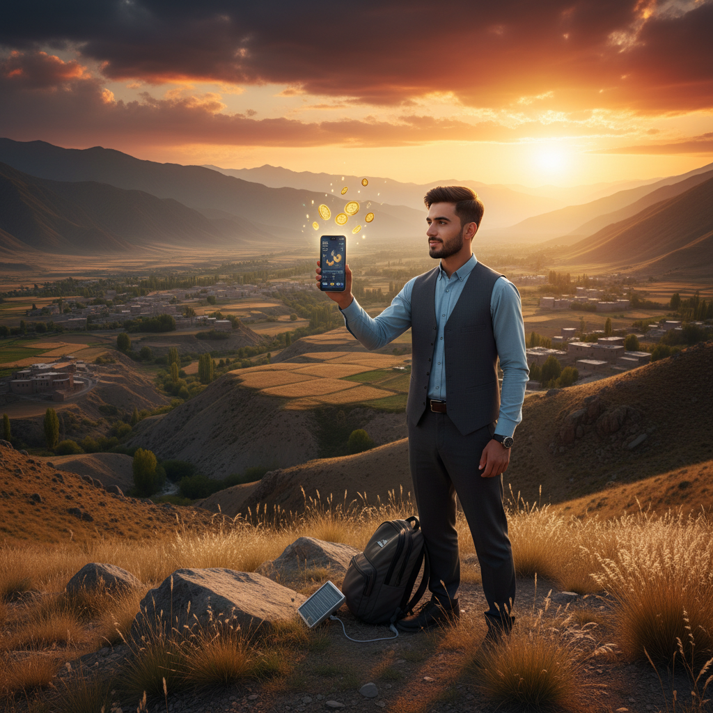 Afghan young professional smartphone digital coins earning