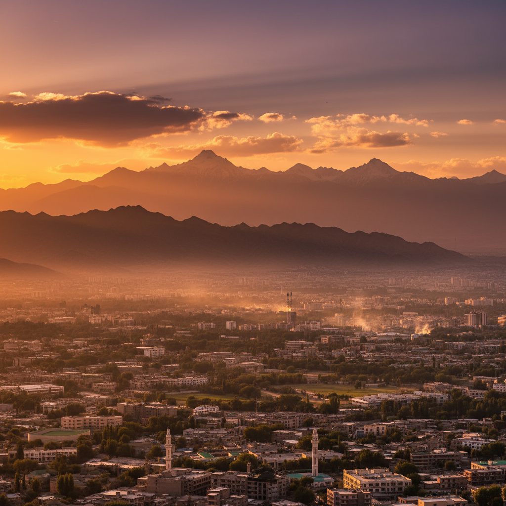 Kabul city panorama Hindu Kush mountains sunset golden hour