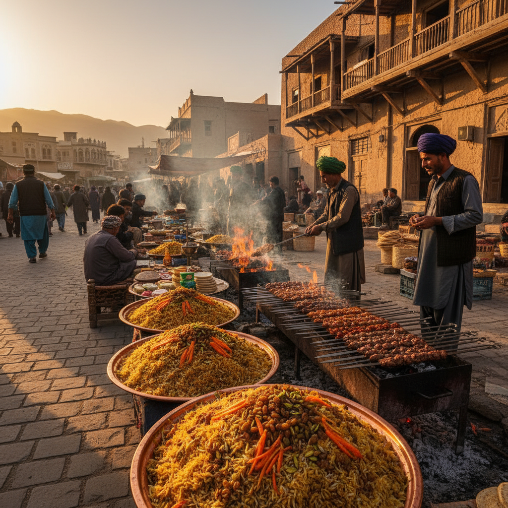Afghan traditional food kabuli pulao kebab market scene