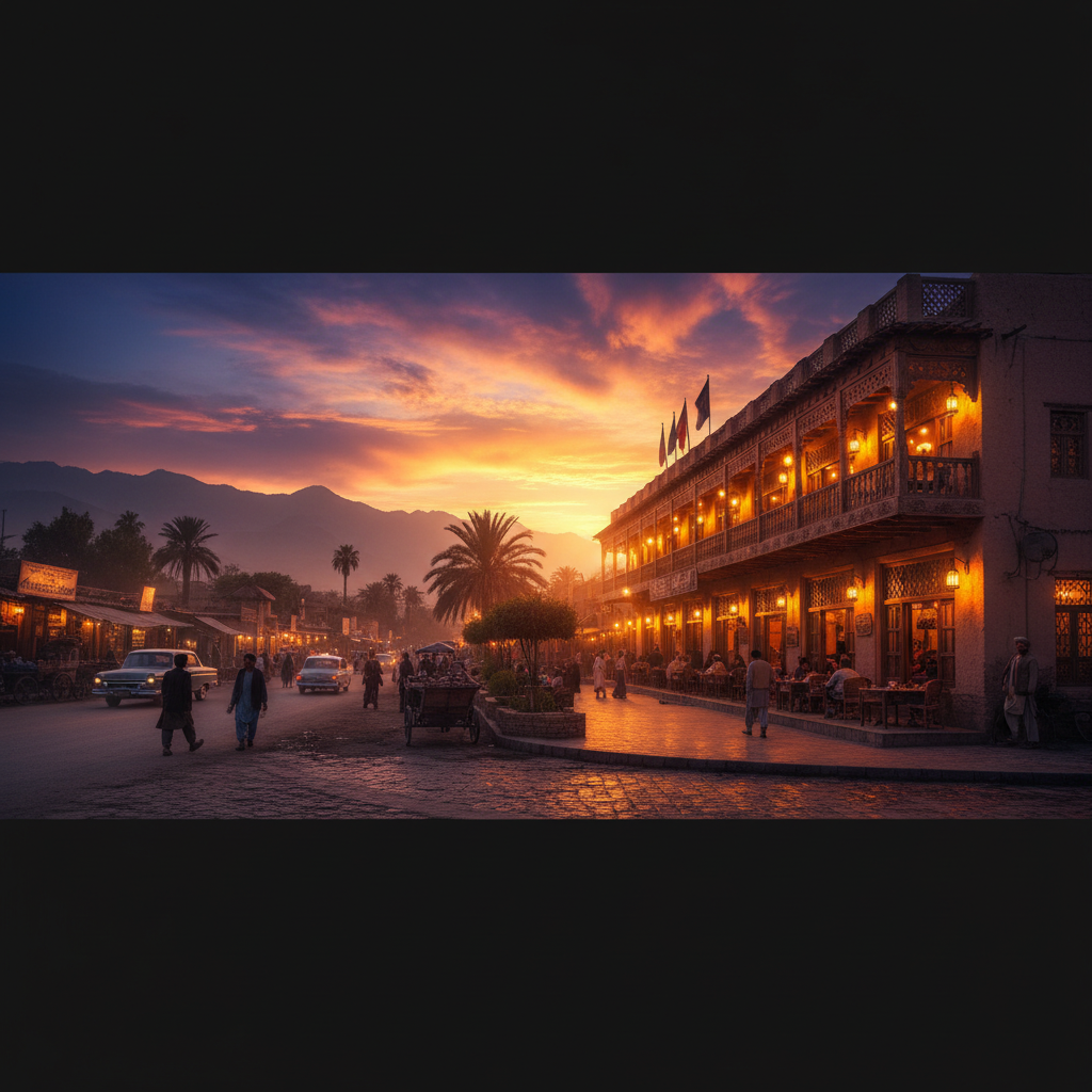 Kabul Shahr-e-Naw restaurant evening warm lighting traditional