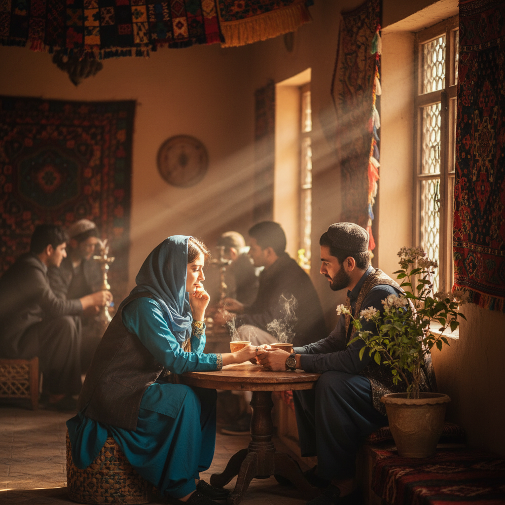 couple discreetly meeting in a cafe Afghanistan