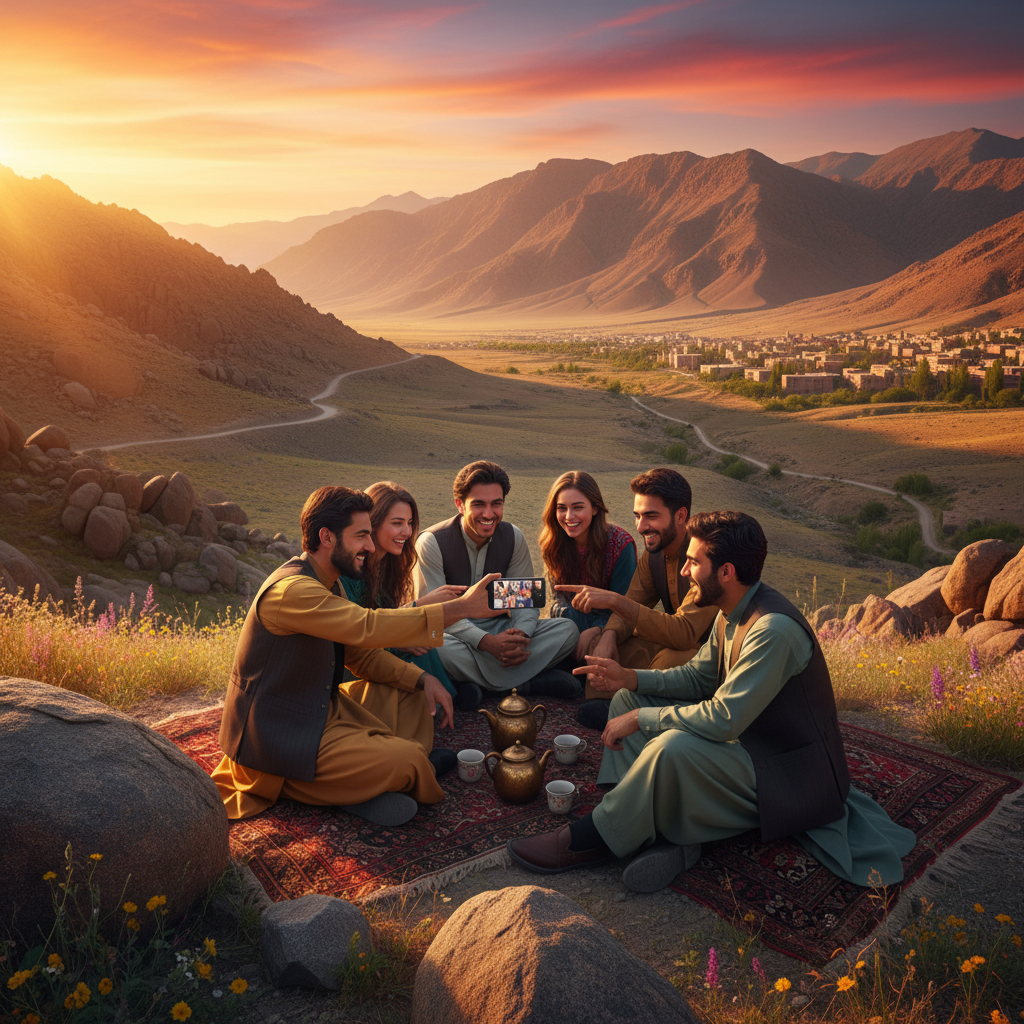 group of friends chatting on a mobile app Afghanistan