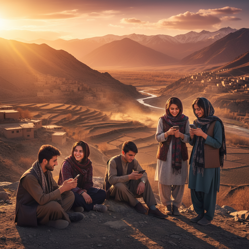 young Afghans using smartphones