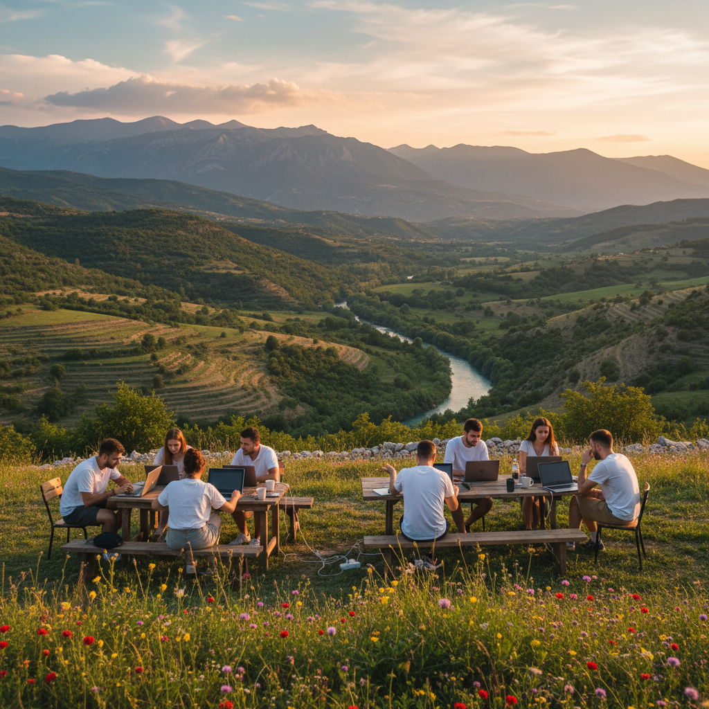 People working on laptops outdoors Albania horizontal