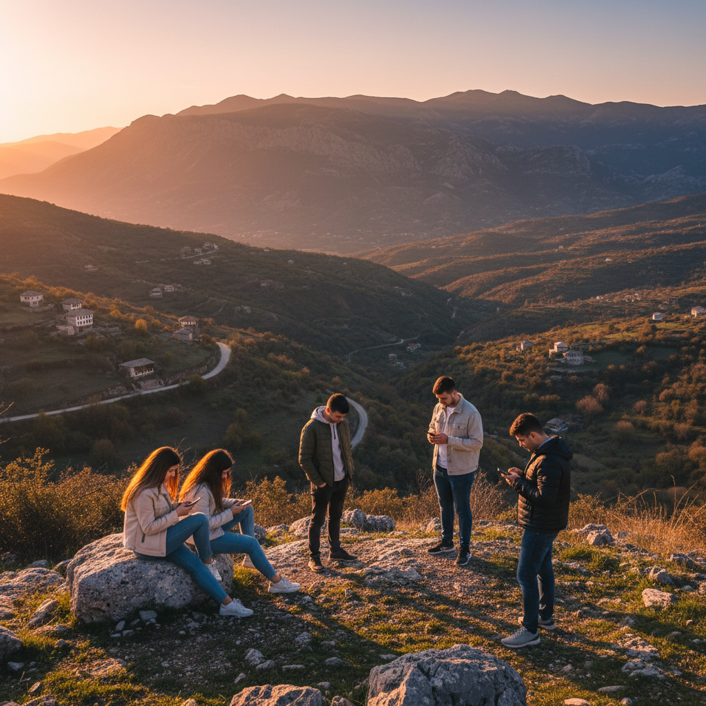 Young adults using smartphones Albania horizontal