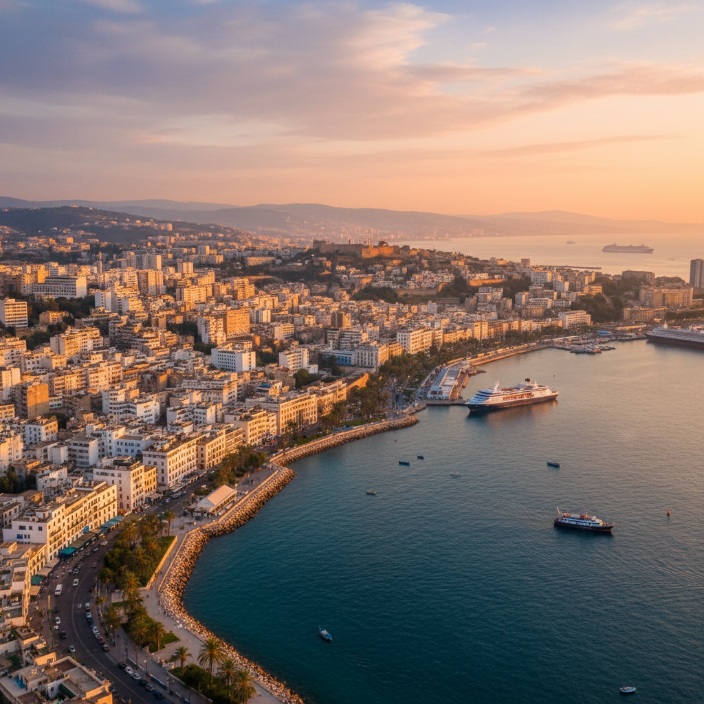 Panoramic view of Algiers cityscape with Mediterranean Sea, horizontal