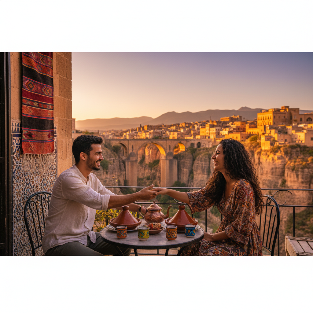Couple meeting for the first time at a cafe in Constantine, Algeria, horizontal