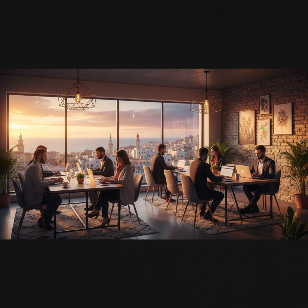 Algerian entrepreneurs working on laptops in a modern co-working space, horizontal