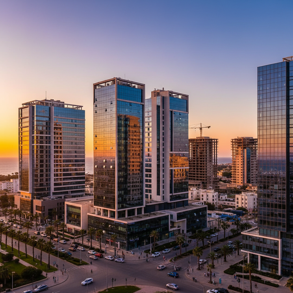 Modern office buildings in Oran, Algeria, reflecting economic activity, horizontal