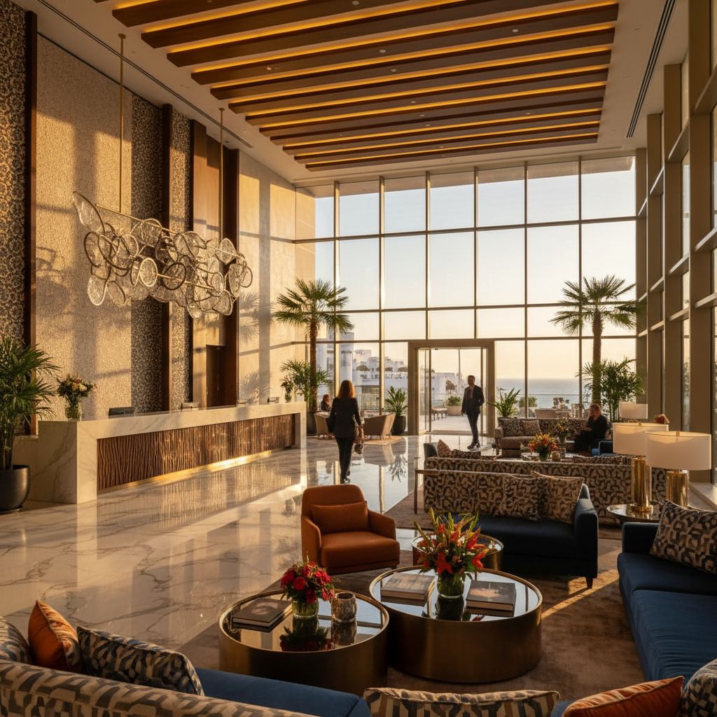 Stylish hotel lobby in Algiers, Algeria, horizontal