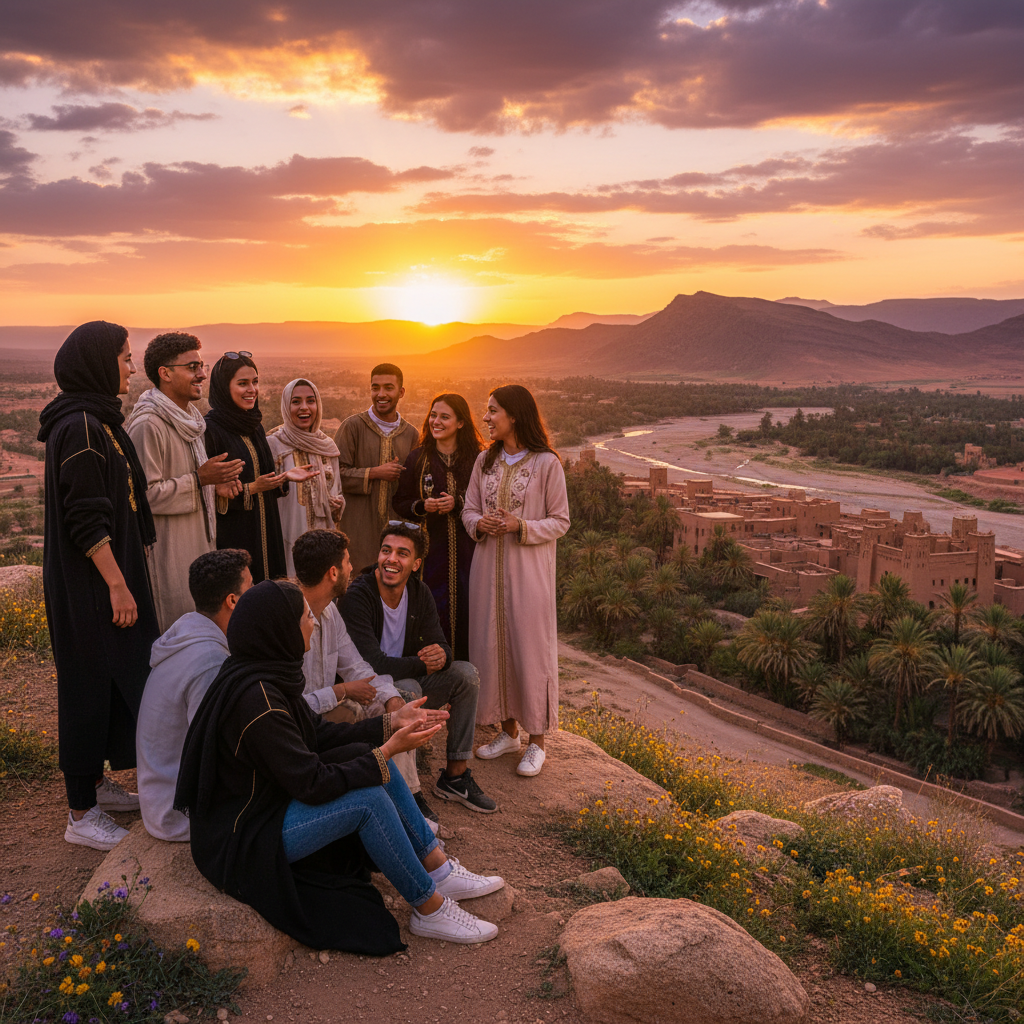 Diverse group of young Algerians engaging in conversation, horizontal