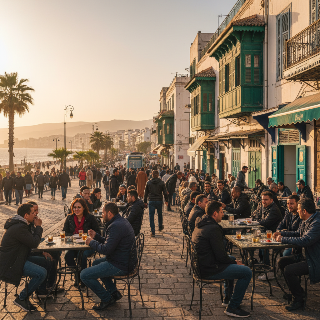 Vibrant street scene in Algiers, Algeria, daytime, people chatting in cafes, horizontal
