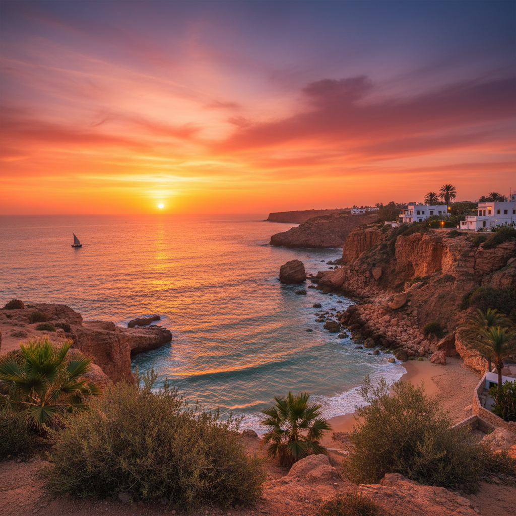 Romantic sunset view over the Mediterranean coast in Algeria, horizontal