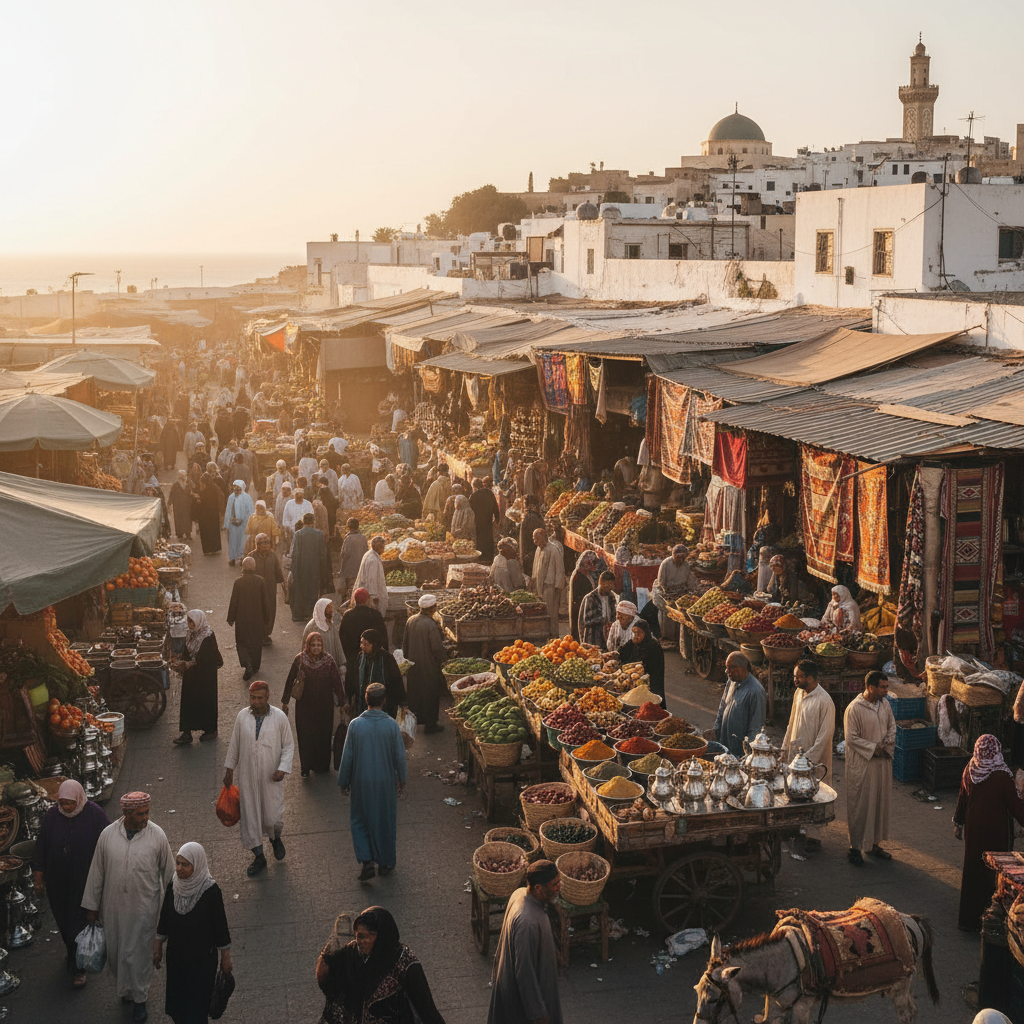 Bustling marketplace in Algiers, Algeria, shoppers and vendors, horizontal