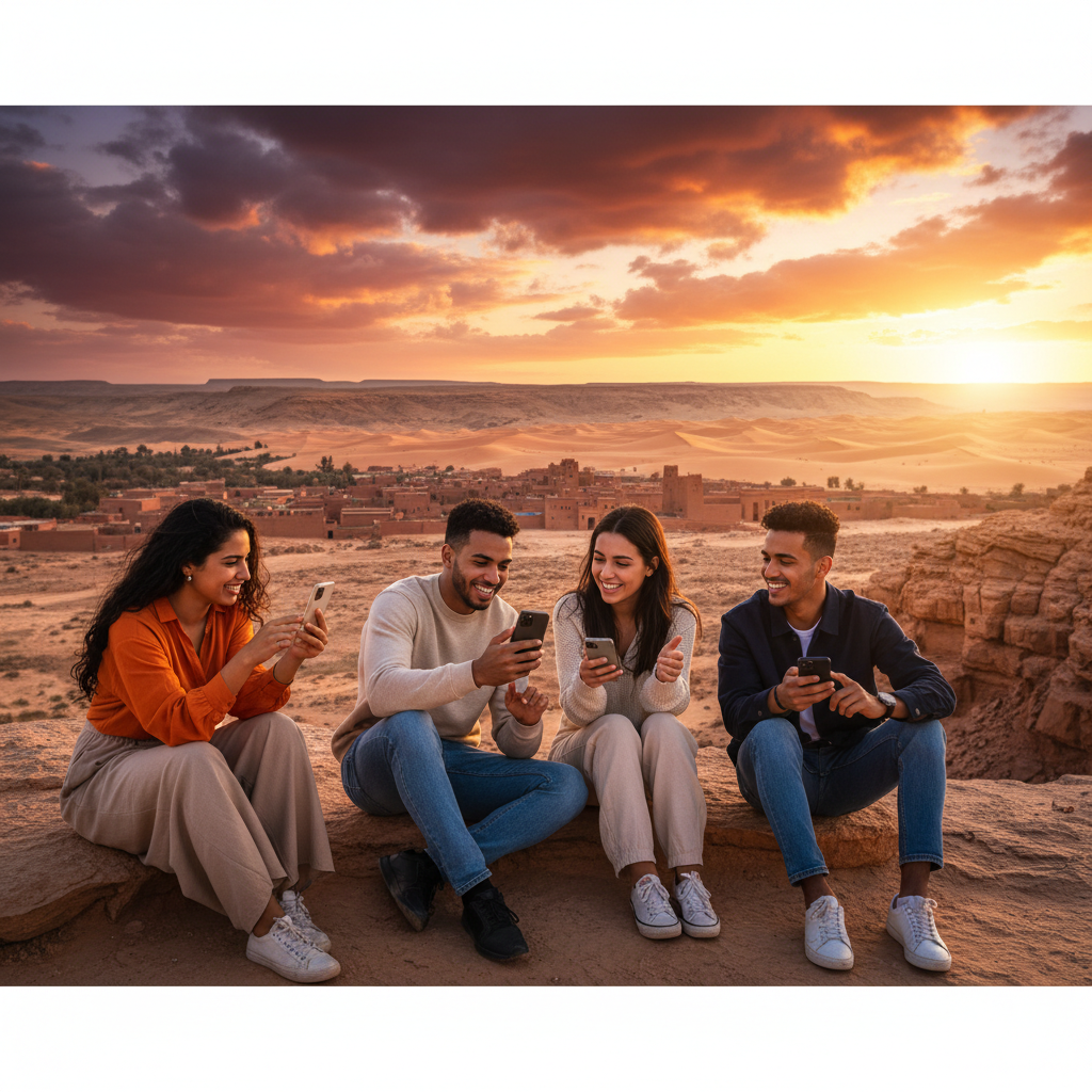 Young Algerians using smartphones, sharing content on social media, horizontal