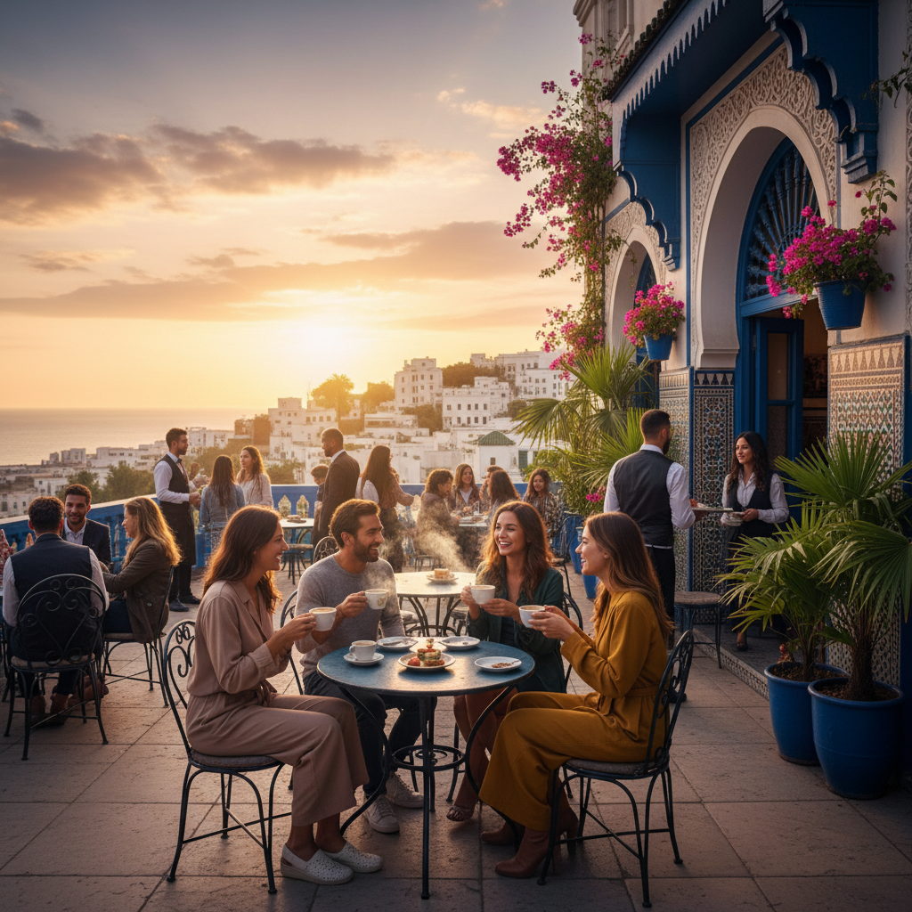 Group of friends enjoying coffee at a bustling cafe in Algiers, horizontal