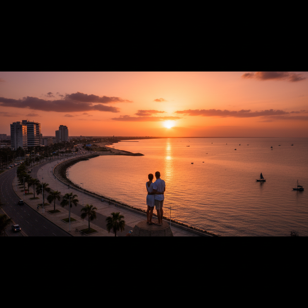 Couple watching sunset Luanda Bay Angola romantic Marginal promenade