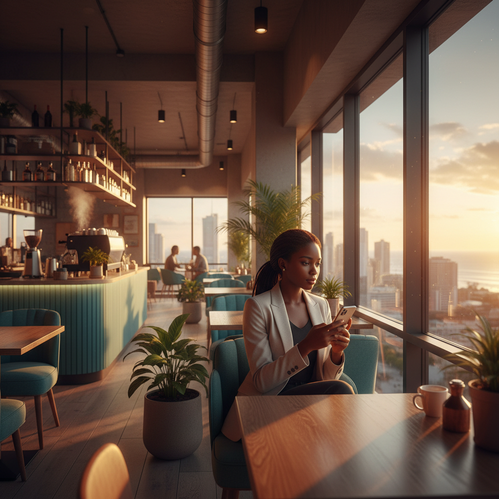 Young Angolan professional smartphone Luanda modern cafe interior