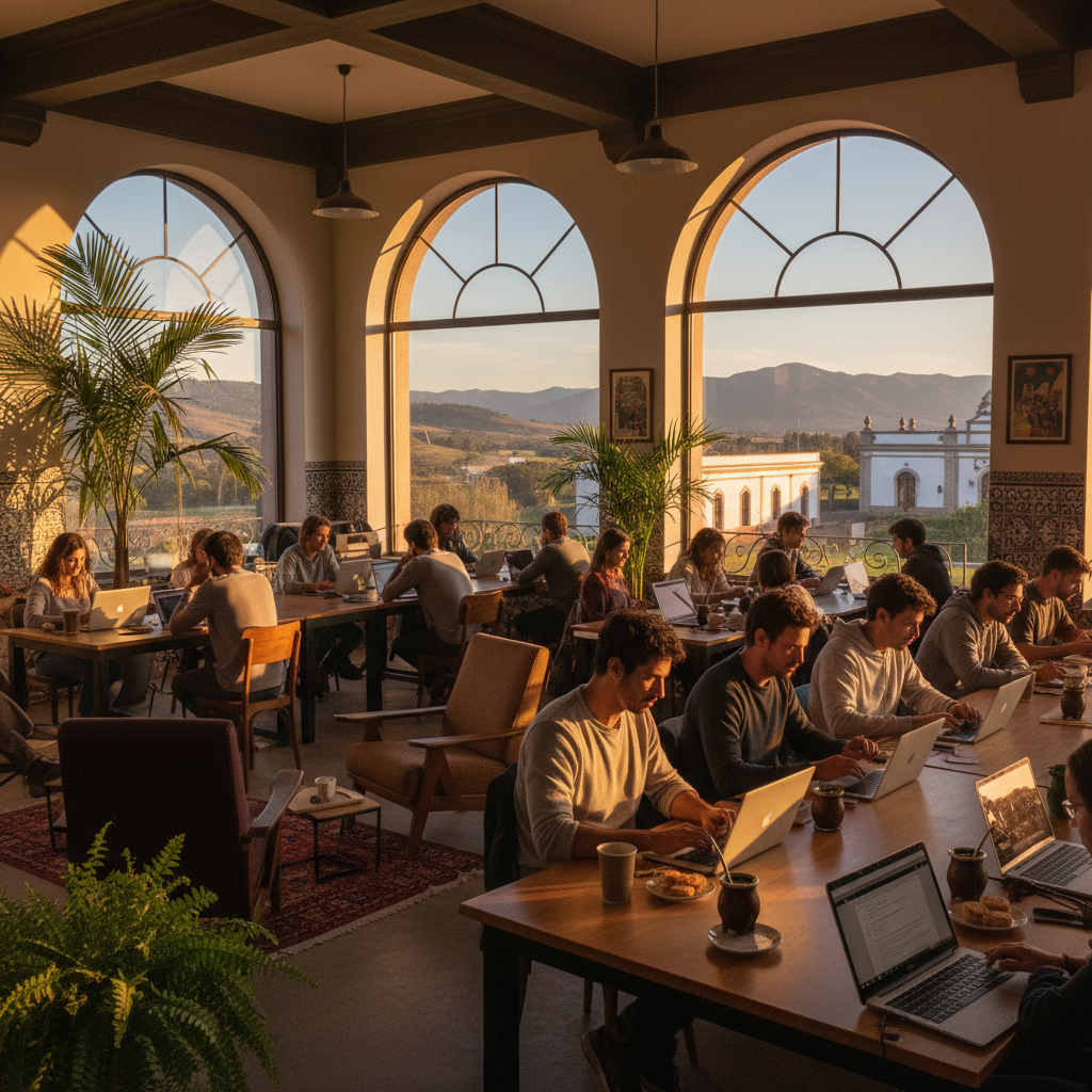 People working on laptops in a co-working space Argentina horizontal