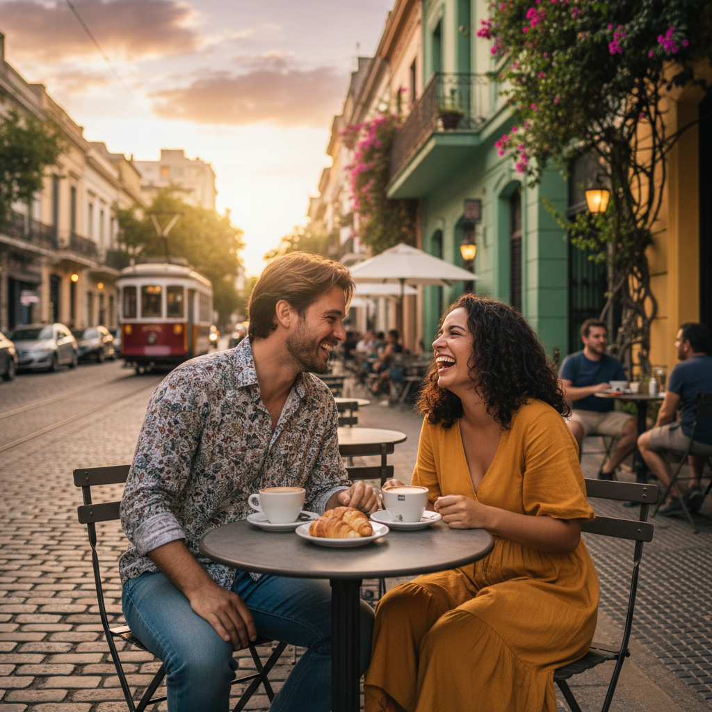 Argentine couple cafe date smiling Buenos Aires Palermo